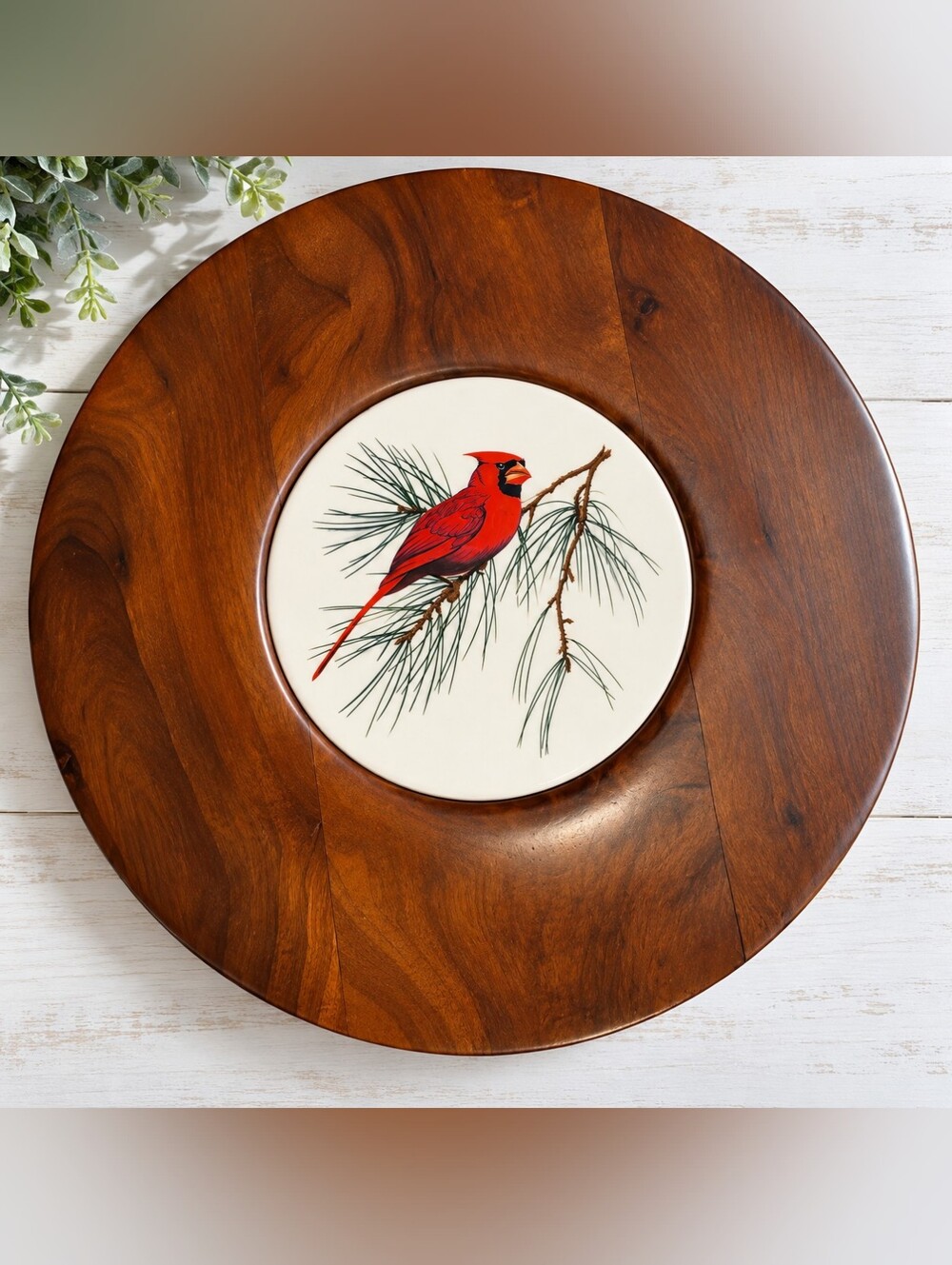 Vintage Vernco Gunstock Gifts Solid Walnut Cardinal Trivet / Hot Plate